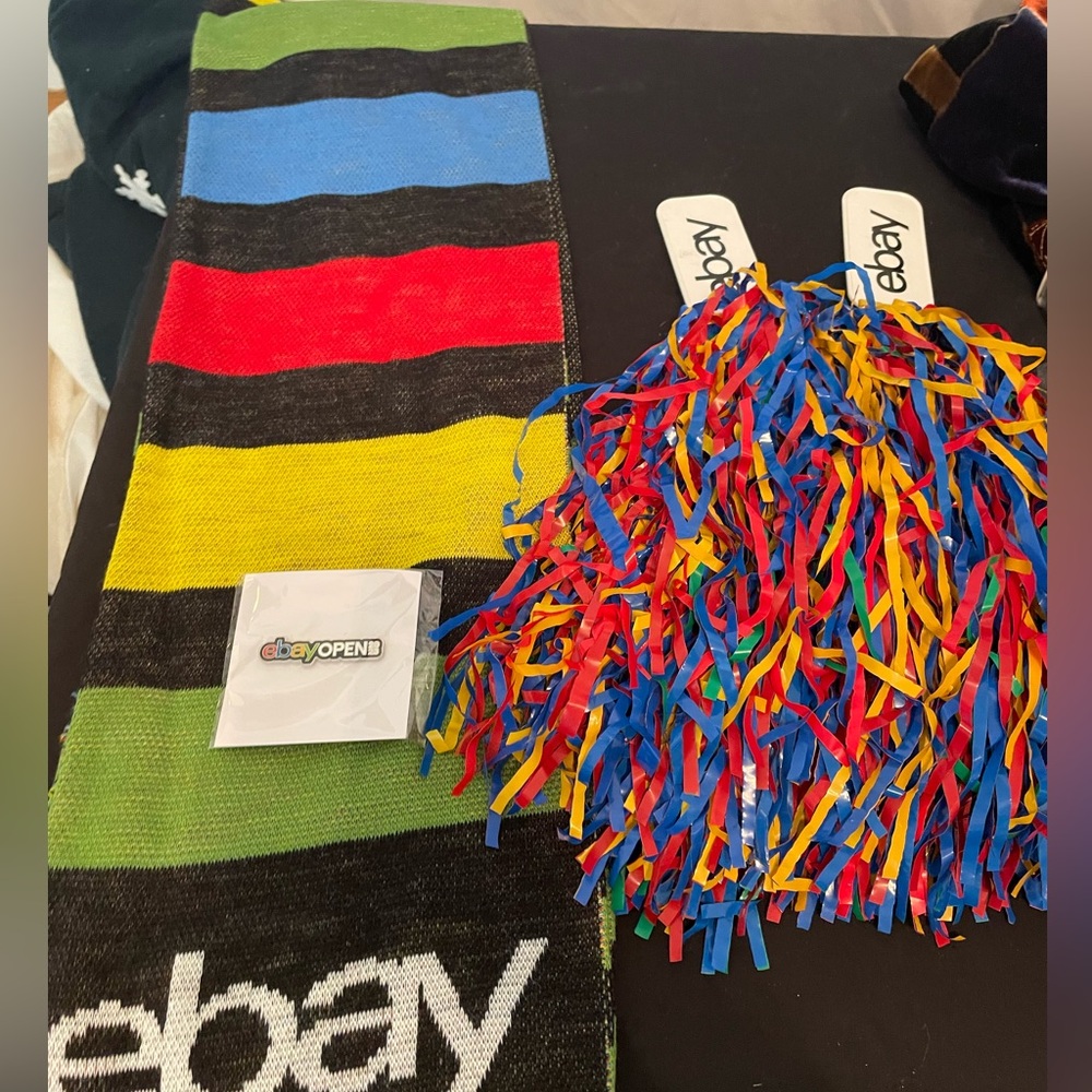eBay Open 2023 Swag Set - Ruffneck Striped Knit Scarf, Pom Poms, & Pin Brand New